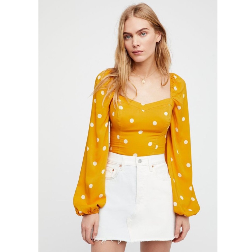 Free People Mustard Yellow Polka Dot Long Sleeve Blouse